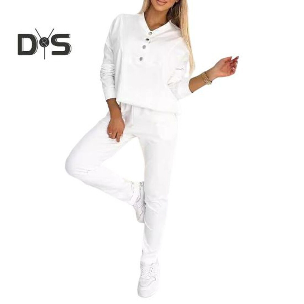 (white, M) 2 Pcs/Set Women Top Pants Suit Button Decor V Neck Long Sleeves Solid Color Sweatshirt Elastic Waist Trousers Daily Wear Sport Outfit Fall Spring