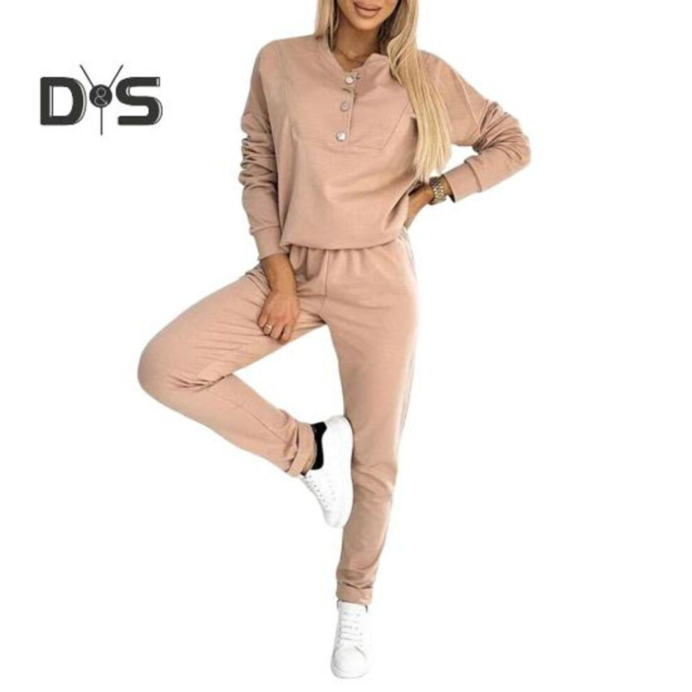 (khaki, XXXL) 2 Pcs/Set Women Top Pants Suit Button Decor V Neck Long Sleeves Solid Color Sweatshirt Elastic Waist Trousers Daily Wear Sport Outfit Fall Spring