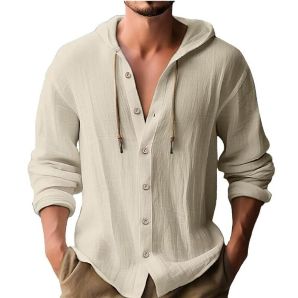 (M, khaki) Spring and Summer Men's Hooded T-shirt Solid Color Cotton and Linen Men's Casual Long-sleeved Top