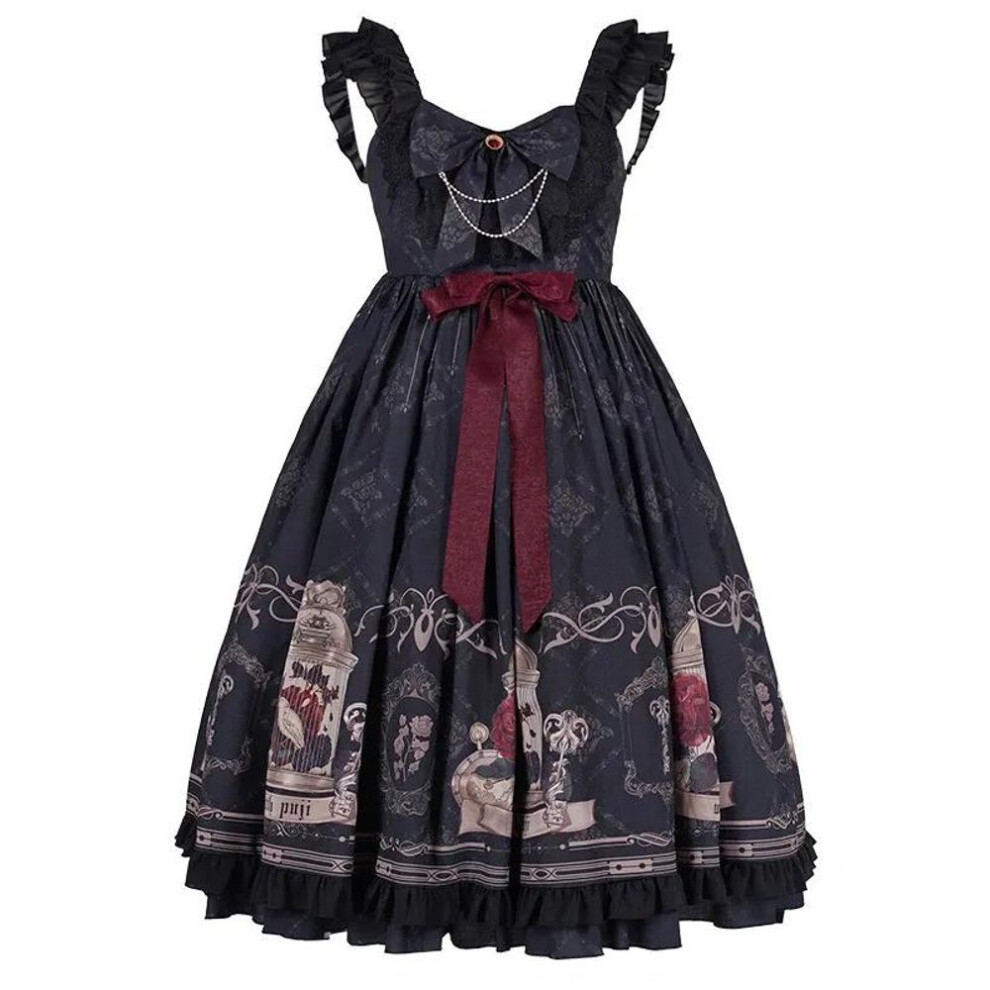 (as the picture, S) Gothic Style Dark Lolita Dress Sleeveless Temperament Bow Ruffle Halter Dresses