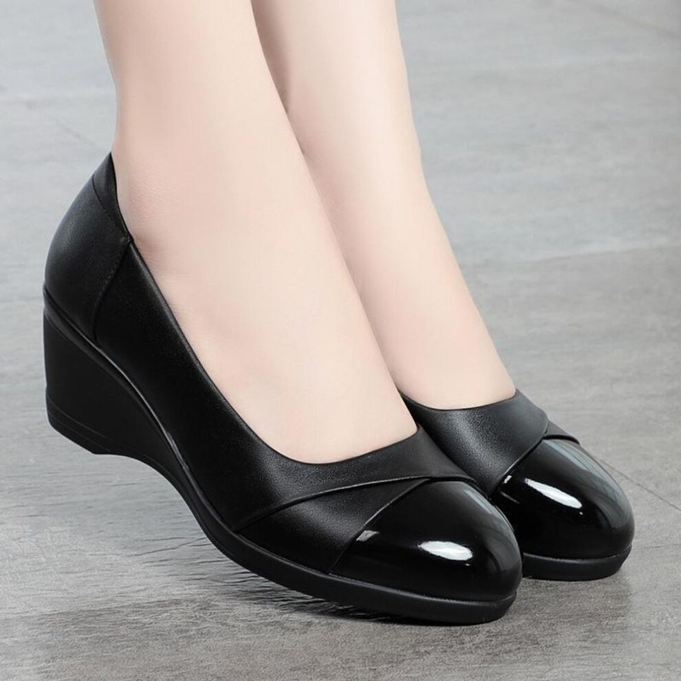(black, 37) Women Fashion Light Weight Wedge Heel Spring Autumn Shoes Lady Casual Outside Black Leather Pumps