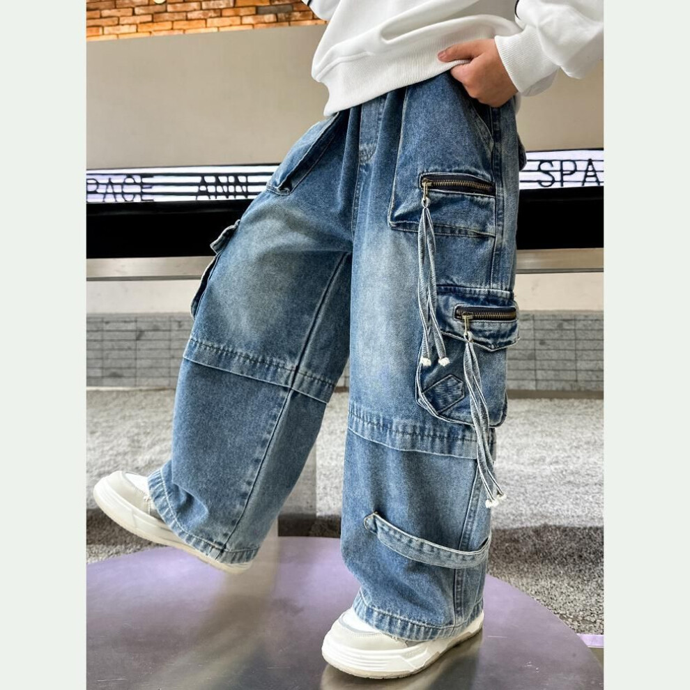 (blue, 150cm) Baby Children Denim Pants Spring Autumn Fashionable Cargo Jeans Boy Korean Style Casual Handsome Full Length Pocket Pants
