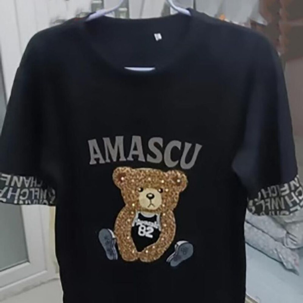 (L, black) Women T Shirts Diamond Summer Oversized Y2k Clothing O Neck Casual Fashion T Shirts