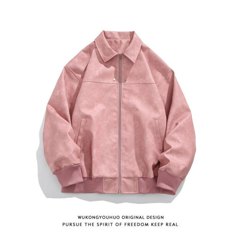 (pink, XXL) 2024 Men's American Retro Brown Suede Leather Lapel Jacket