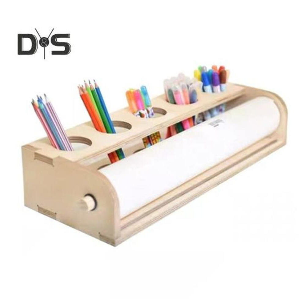 Wooden Paper Dispenser Desktop Paper Roll Holder Drawing Paper Roll Organizer With Pen Holder For School Art Studio Home