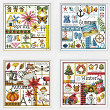 Awesocrafts 4-pack kruissteekpakketten Four Seasons Easy-patronen Kruissteekborduurpakket Benodigdheden Gestempeld of geteld (Four Seasons Counted)