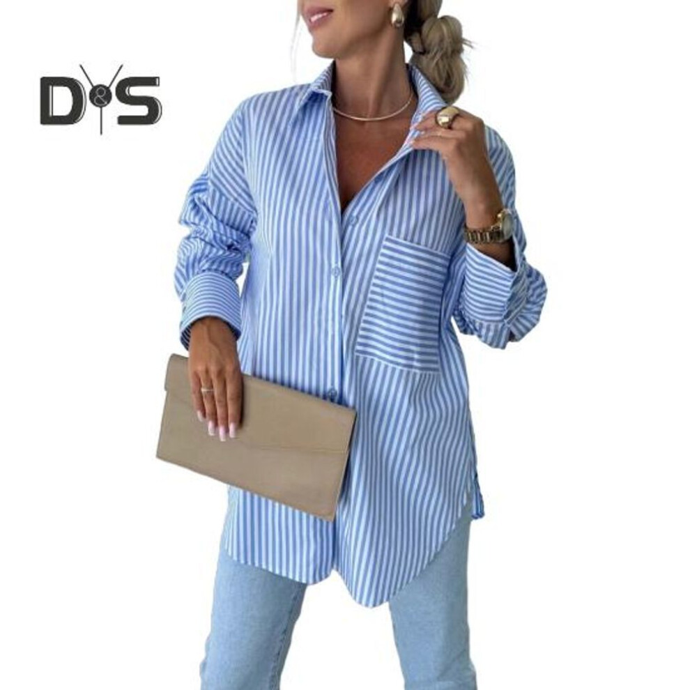 (L, blue) Women Shirt Lapel Long Sleeve Striped Print Casual Tops Buttons Placket Irregular Hem Loose Fit Spring Autumn Shirt