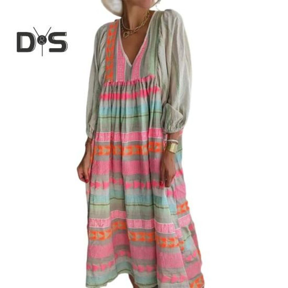 (pink, 2XL) Pullover Lady Summer Dress Bohemian Trendy Lantern Sleeves Lady Maxi Dress