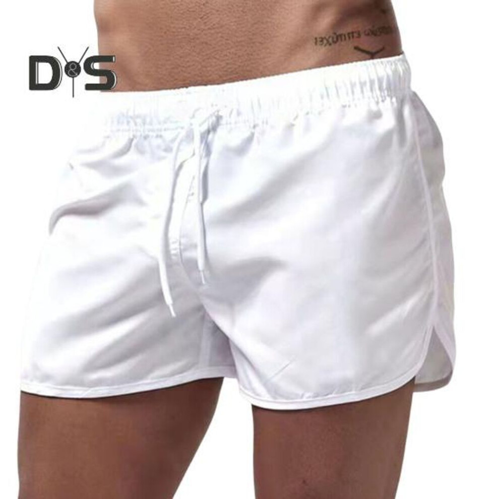 (white, M) Summer Low Rise Elastic Waistband Drawstring Beach Surfing Shorts Breathable Side Irregular Trim Men Swimwear Shorts
