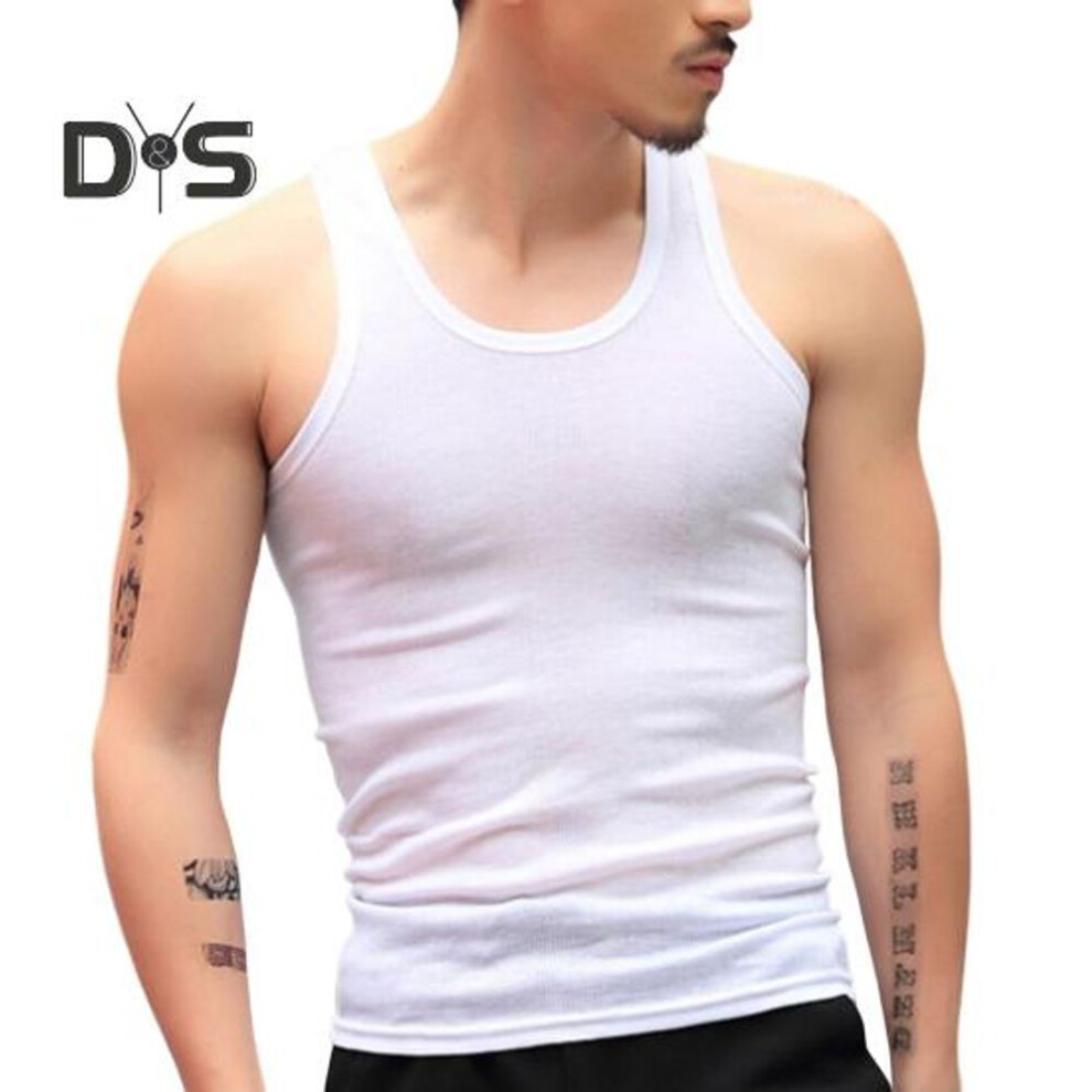(white, L) Men O Neck Sleeveless Tank Tops Solid Color Slim Fit Fitness Gym Workout Undershirt Bodybuilding Running Vest