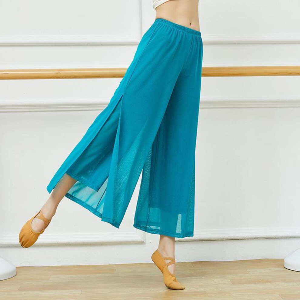 (lake blue, M) Dance Pants For Women Mesh Nylon Loose Wide Leg Dancing Trousers Chinese Classical Dance Daily Ladies Yoga Pants