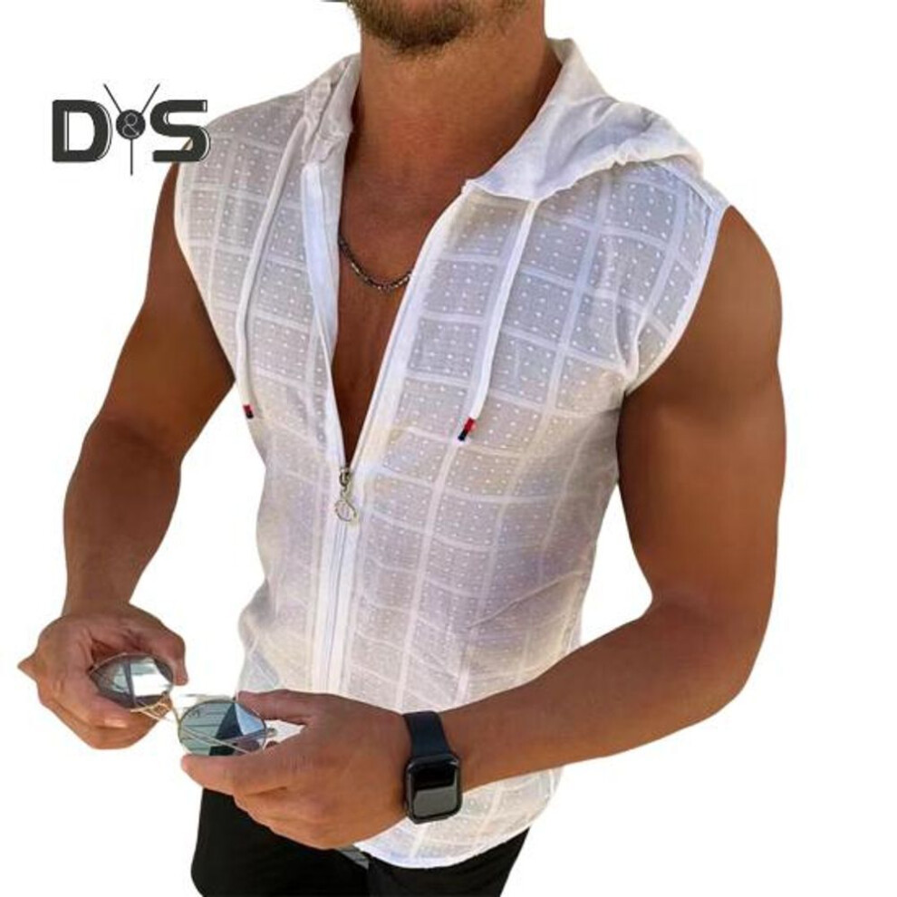 (white, 2XL) 3D Cutting Vest Top Drawstring Fashion Summer Sport Sleeveless Hooded Sweatshirt