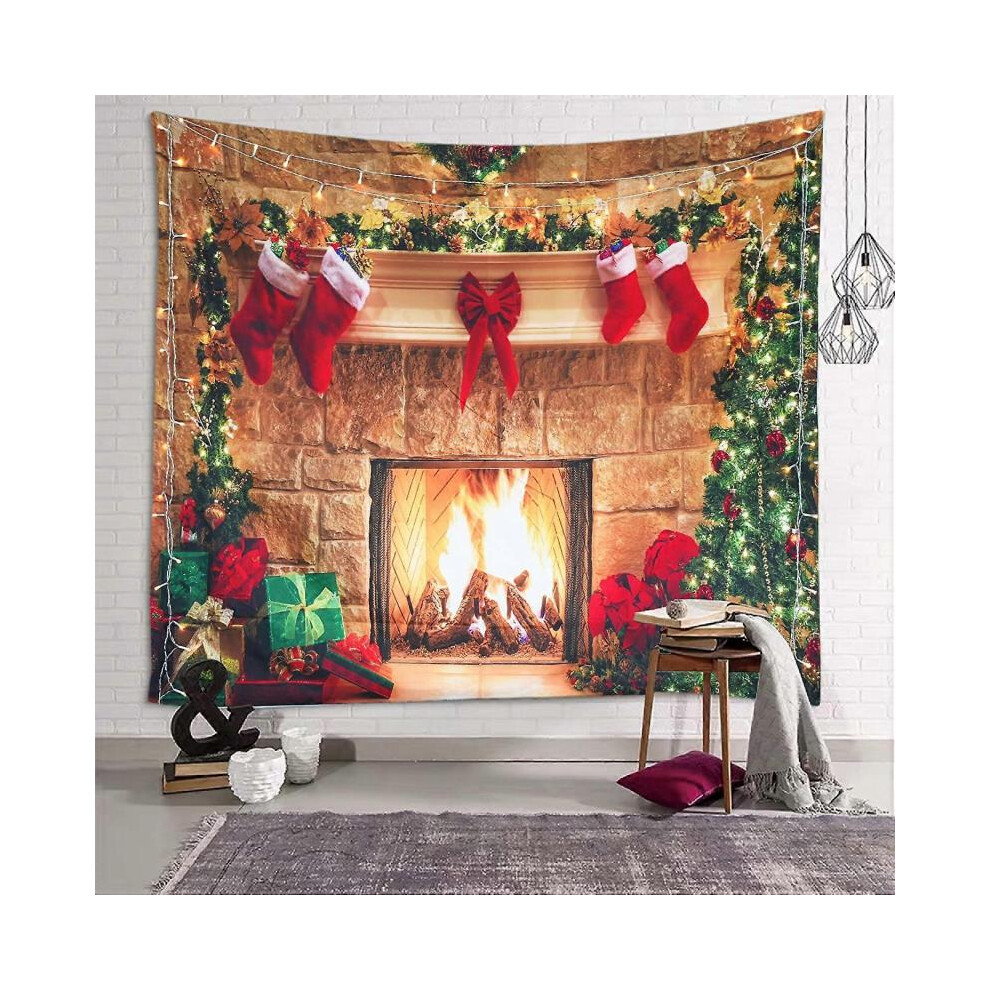 Christmas Tapestry Wall Hanging Fireplace Xmas Tree Stockings Gifts Wall Tapestry for Party Livingroom Bedroom W59 x L39