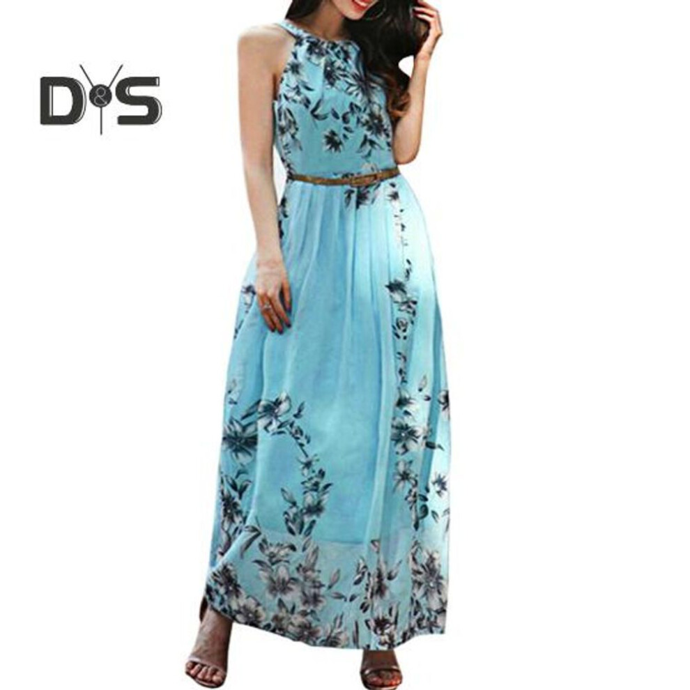 (blue, XL) Women's Floral Maxi Dress Sleeveless Halterneck Chiffon Midi Dress Summer Boho Sundress with Belt for Vacation Wedding Cocktail Prom Party