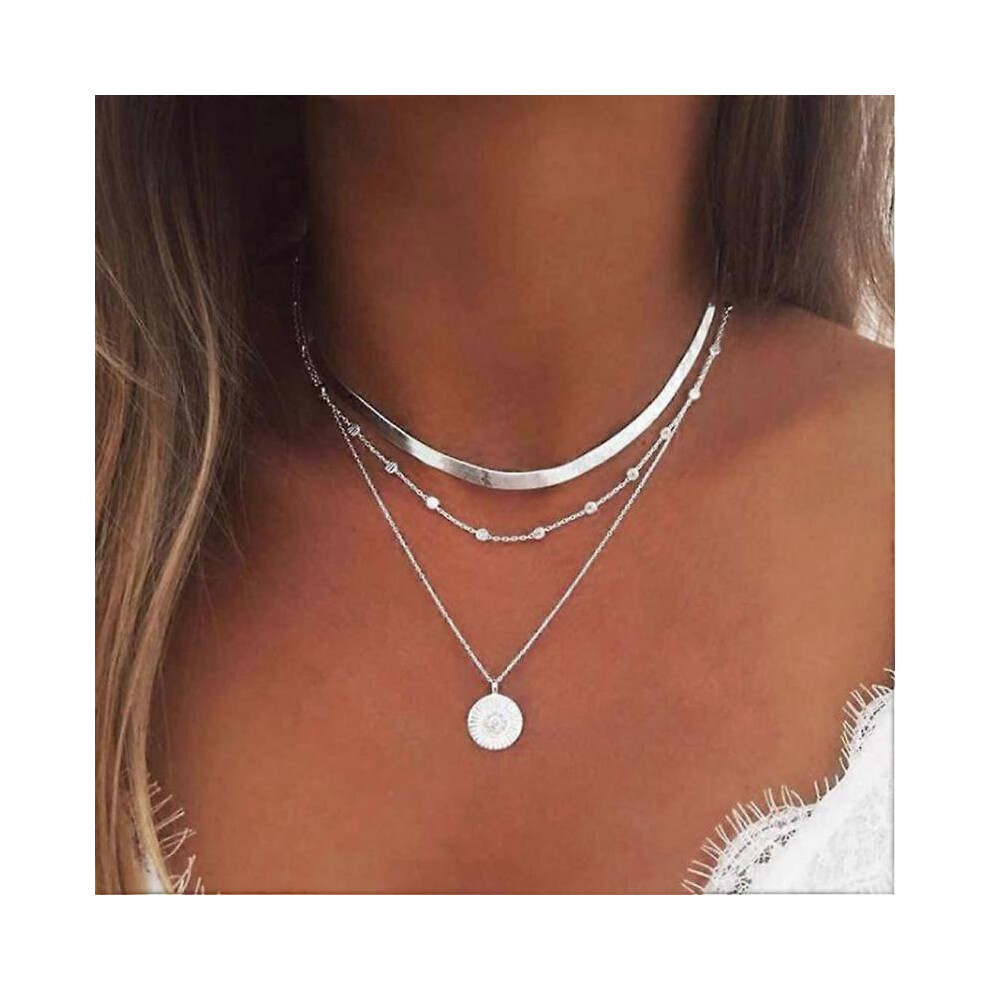 Layered Necklaces Chain Silver Coin Pendant Necklace Boho Bead Jewelry for Women and Girls