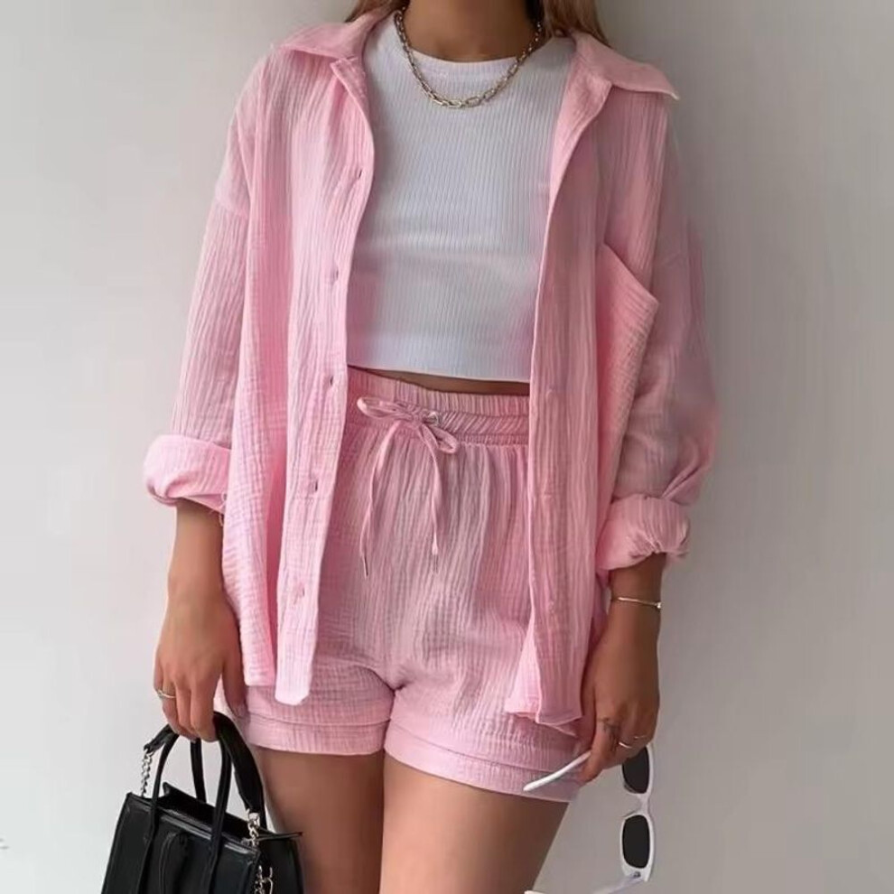 (pink, XL) Women's Summer Shorts Set White Long Shirt High Waisted Pants Sets Casual Outfit Streetwear Suits For Women Female Clothing 2025