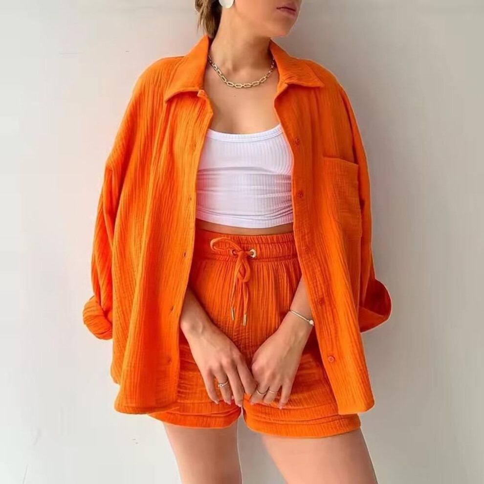 (orange, L) Women's Summer Shorts Set White Long Shirt High Waisted Pants Sets Casual Outfit Streetwear Suits For Women Female Clothing 2025