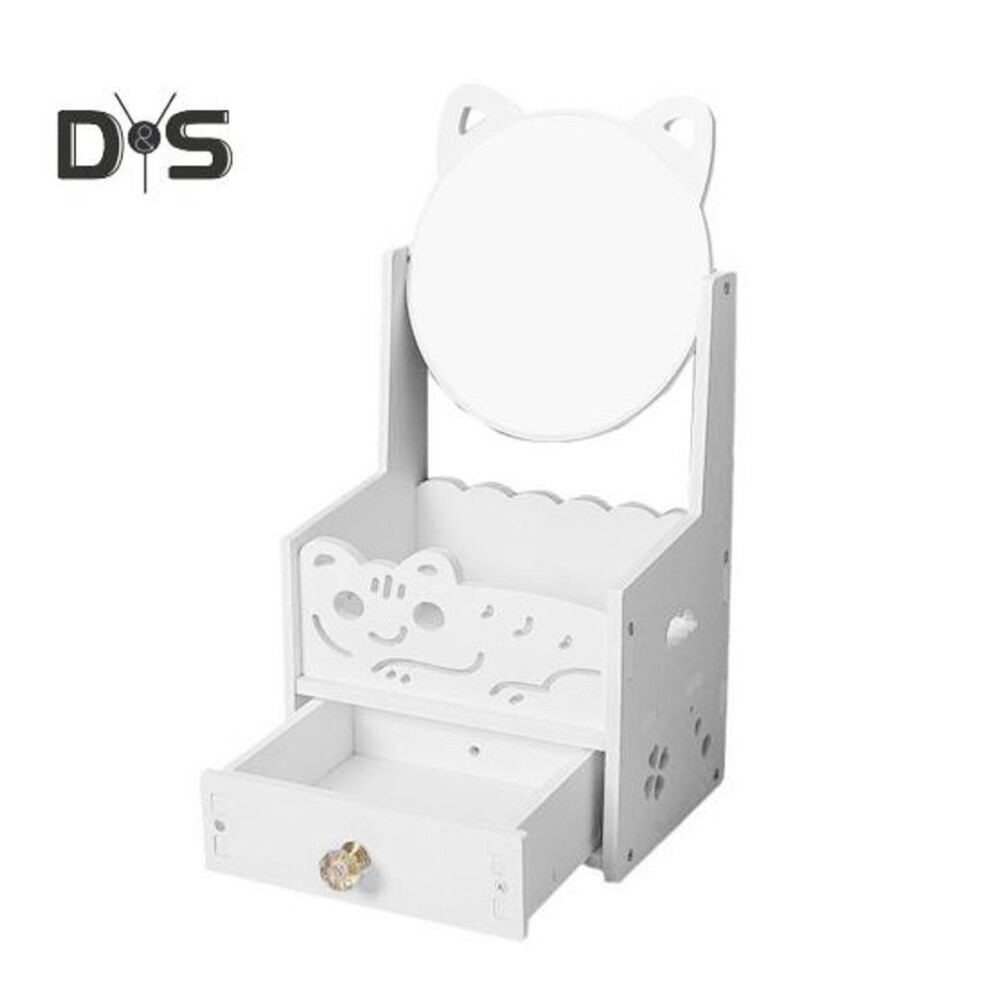Makeup Organizer with 360 Degrees Rotating Mirror Cartoon Cat Large Capacity Countertop Vanity Mirror Cosmetic Drawer Storage Box Display Vase