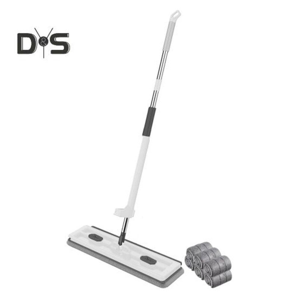 (white) 1 Set Mop Set with 6 Microfiber Pads 360 Degree Rotation Large Flat Head Wet And Dry Use Long Handle Drainage Scraper Multi-Purpose Floor Cleaning