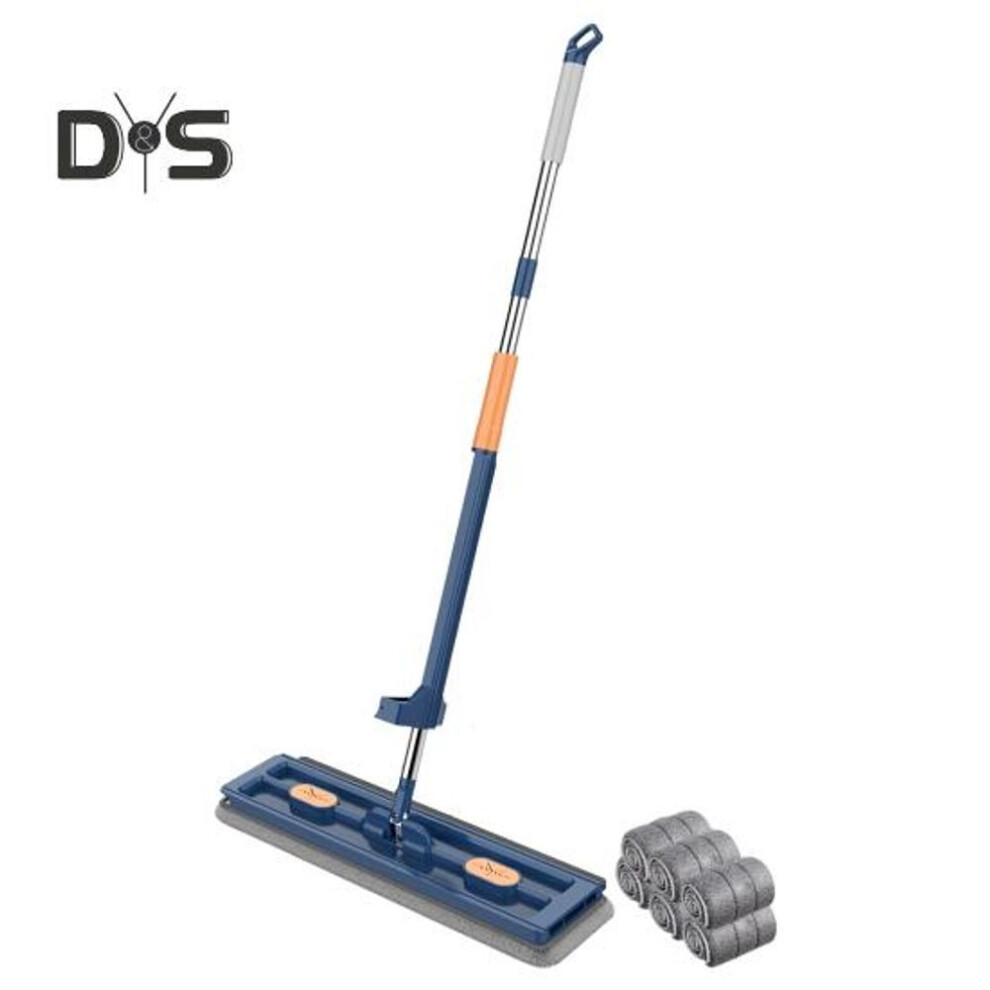 (blue) 1 Set Mop Set with 6 Microfiber Pads 360 Degree Rotation Large Flat Head Wet And Dry Use Long Handle Drainage Scraper Multi-Purpose Floor Cleaning