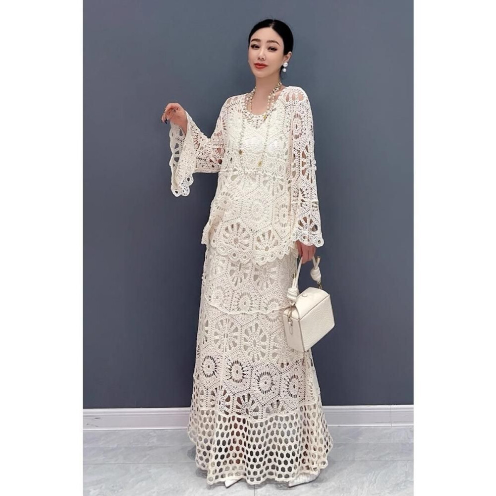 (one size, beige) Dimanaf 2025 New Skirt Suit Women  Beach Short Sleeve Lace Knitting Hollow Out Sexy O-neck Hollow Summer Style Tops Tees Loose Basic