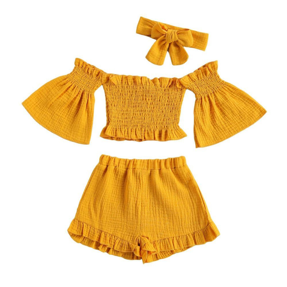 (yellow, 5-6 Years) 3 Pcs Infant Solid Color Outfits, Baby Girls Off Shoulder Flare Sleeves Boat Neck Tops + Ruffle Shorts + Bowknot Headband