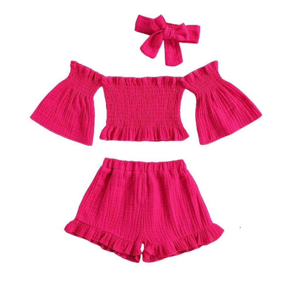 (rose red, 2-3 Years) 3 Pcs Infant Solid Color Outfits, Baby Girls Off Shoulder Flare Sleeves Boat Neck Tops + Ruffle Shorts + Bowknot Headband