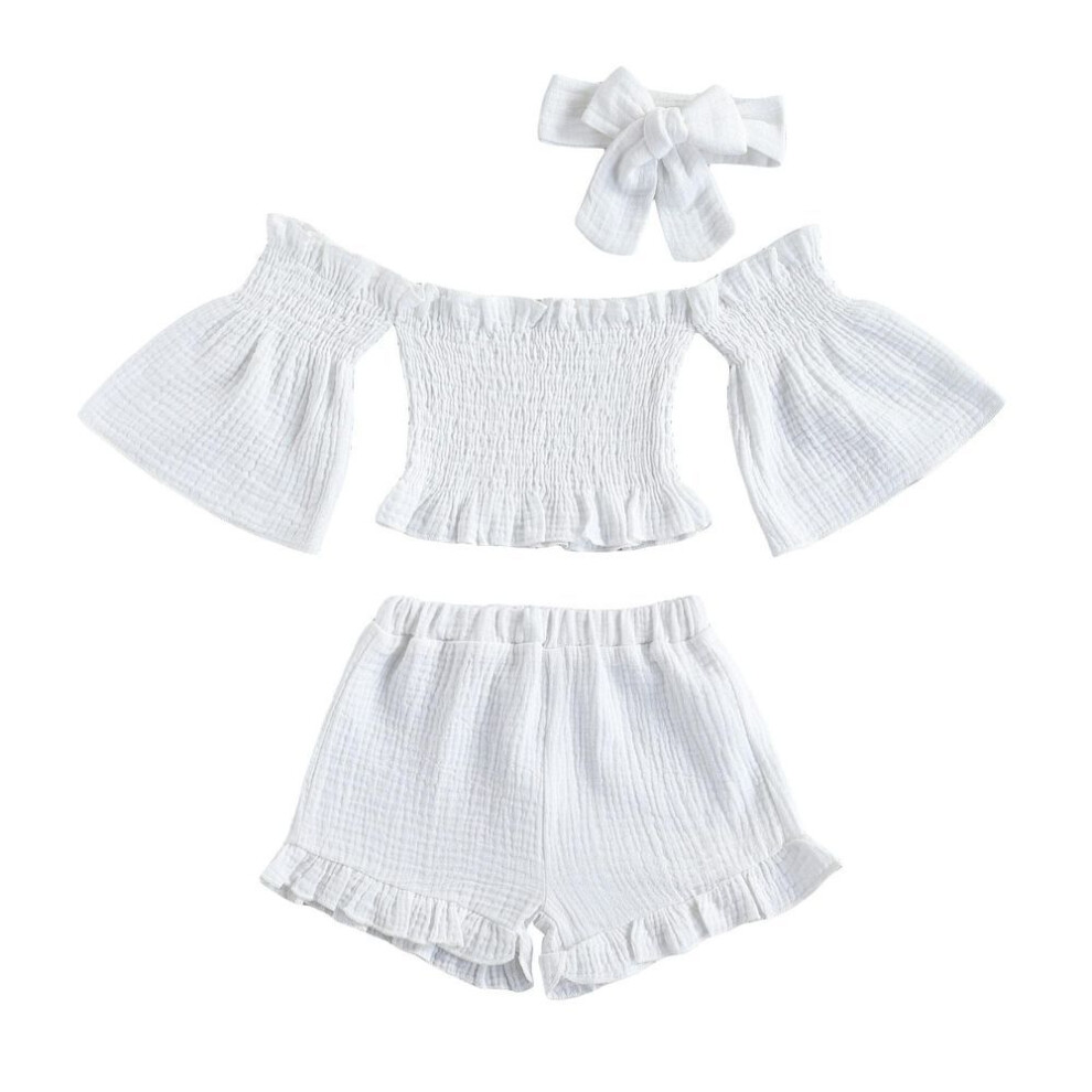 (white, 3-4 Years) 3 Pcs Infant Solid Color Outfits, Baby Girls Off Shoulder Flare Sleeves Boat Neck Tops + Ruffle Shorts + Bowknot Headband