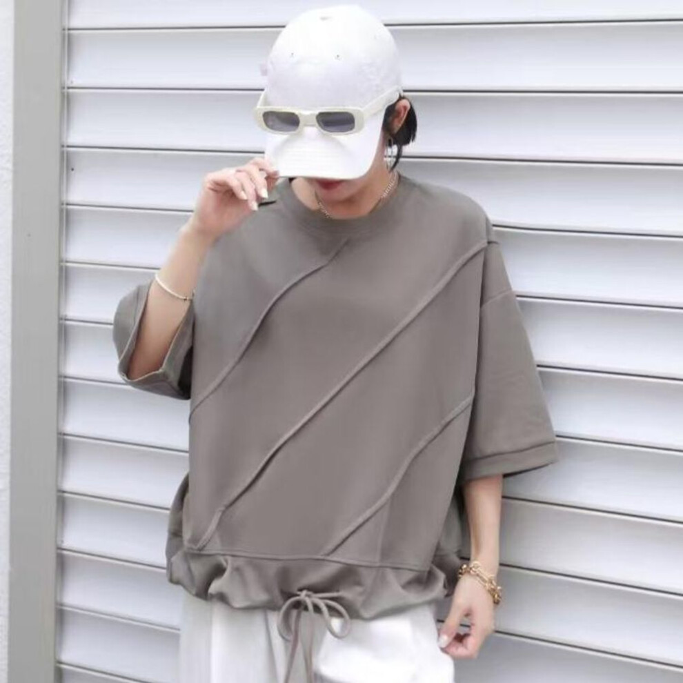 (One Size, grey) Dimanaf 2025 Plus Size Summer Solid Bat Stripe T-shirt Women Short Sleeve Loose Tops Tees