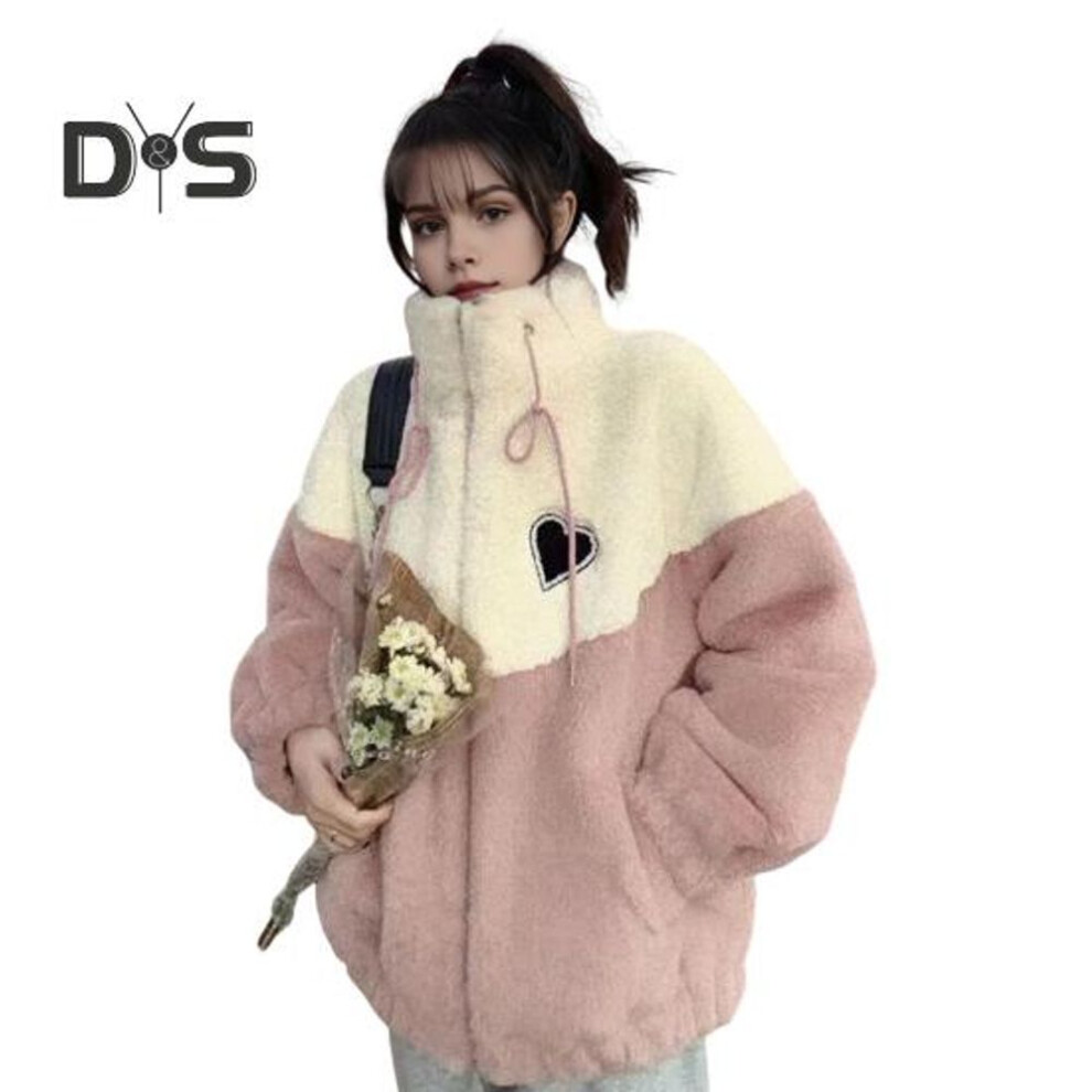 (pink, L) Women Winter Coat Thick Fleece Colorblock Patchwork Stand Collar Neck Protection Drawstring Zip-up Cardigan Long Sleeves Cold-proof Outerwear School