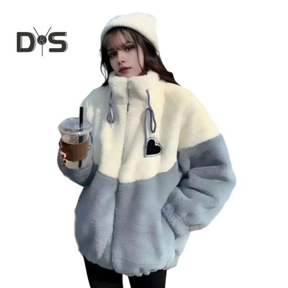 (blue, 3XL) Women Winter Coat Thick Fleece Colorblock Patchwork Stand Collar Neck Protection Drawstring Zip-up Cardigan Long Sleeves Cold-proof Outerwear School