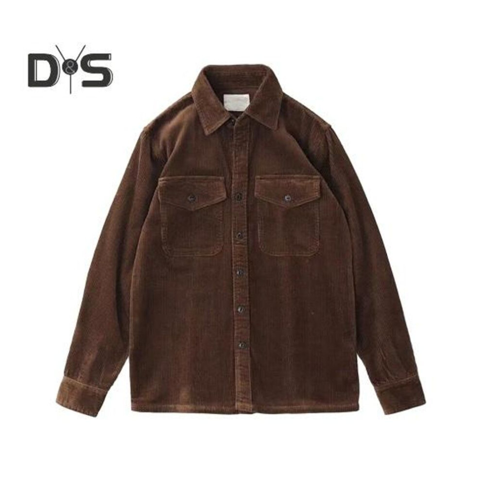 (2XL, brown) Spring Fall Men Cargo Plaid Print Single-breasted Long Sleeves Corduroy Retro Japanese Style With Chest Pockets Loose Mid Length Cardigan Top