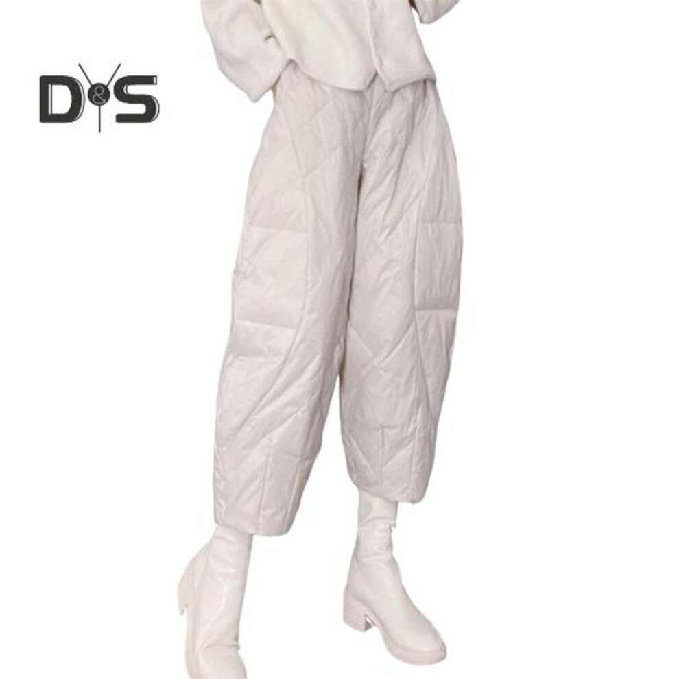 (white, XL) Women Cotton Pants Elastic Waist Wide Leg Lightweight Trousers With Pockets Solid Color Thin Down Cotton Pants