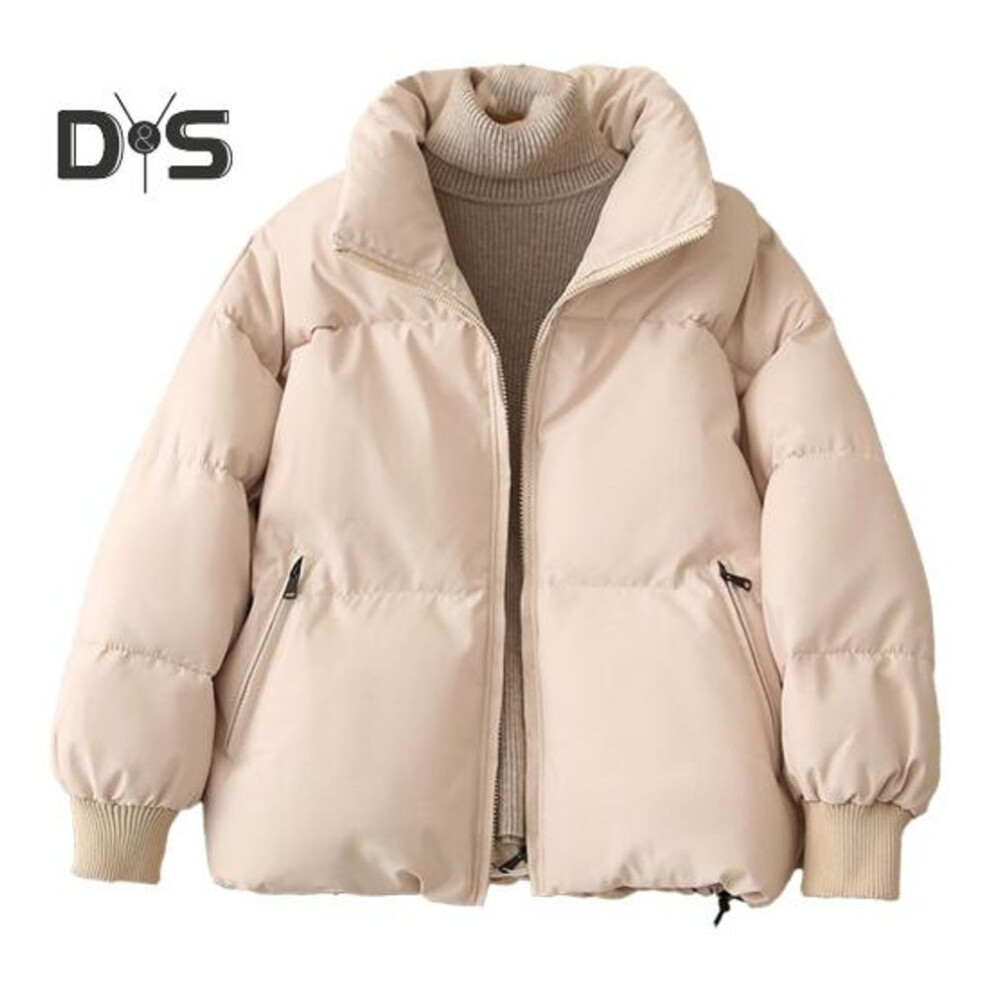 (beige, M) Winter Down Coat Padded Hooded Stand Collar Pockets Zip-up Parka Windproof Heat Retention Daily Cold Weather Outwear Cotton Jacket