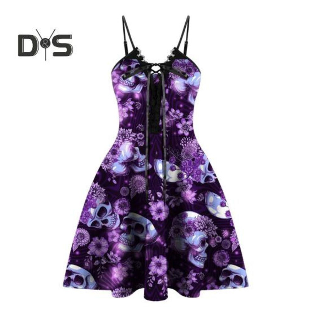(purple, XL) Women Halloween Sling Dress Backless Front Lace Up Lace Stitching Loose Hem Funny Skull Flower Printing Mini Dress