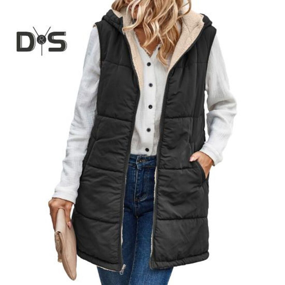 (black, XL) Women Fall Winter Reversible Vest Coat Hooded Sleeveless Fleece Lining Jacket Solid Color Mid Length Waistcoat Long Warm Outerwear