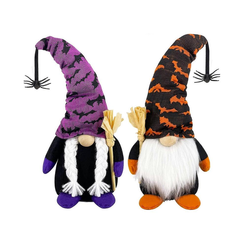 Set of 2 Witch Gnomes Plush Halloween Decorations with Spider Bat Ornaments Scandinavian Tomte Doll