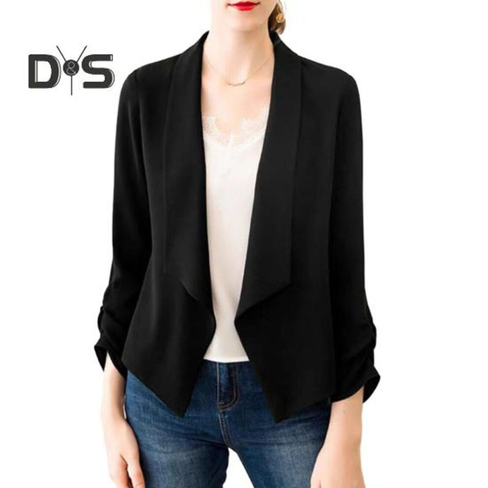 (black, XL) Women Cardigan Blazer Solid Color Long Sleeve Open Stitch Lapel Formal Business OL Commute Style Soft Breathable Thin Lady Coat