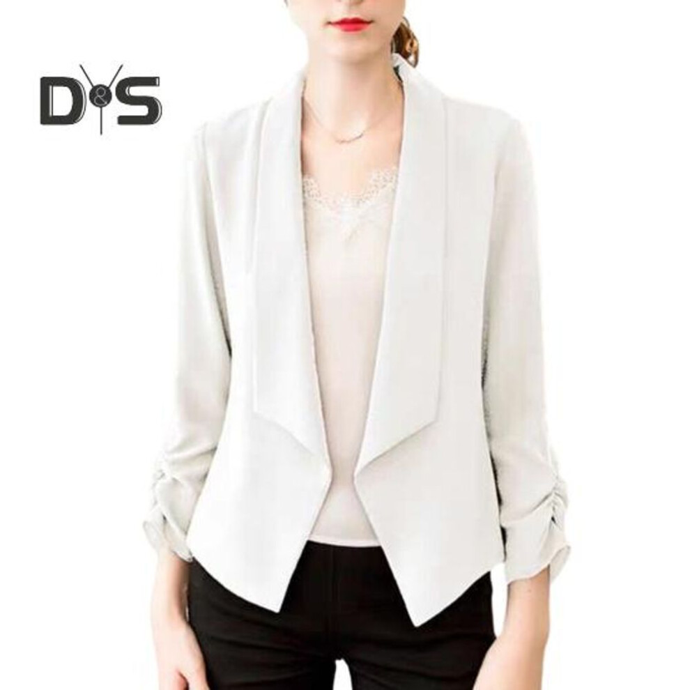 (white, 4XL) Women Cardigan Blazer Solid Color Long Sleeve Open Stitch Lapel Formal Business OL Commute Style Soft Breathable Thin Lady Coat