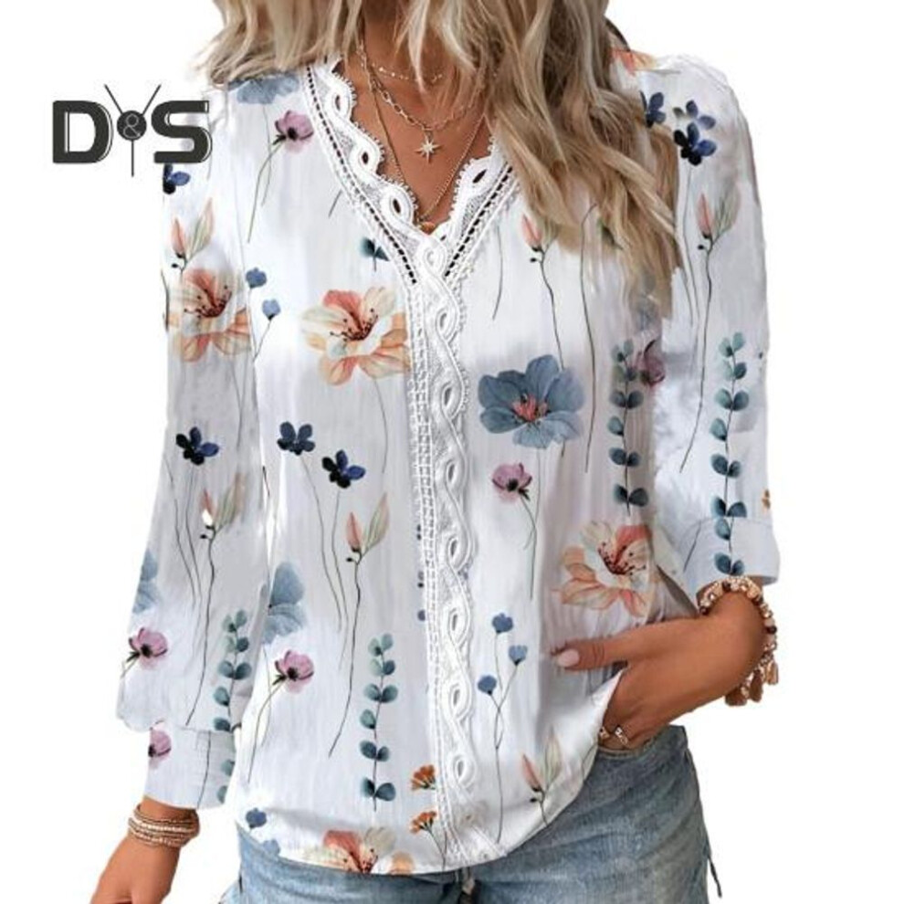 (XL, white) Women Fall Top V Neck Lace Patchwork Flower Print Long Sleeve Loose Soft Breathable Colorfast Hollow Out Elegant Commute Lady Blouse