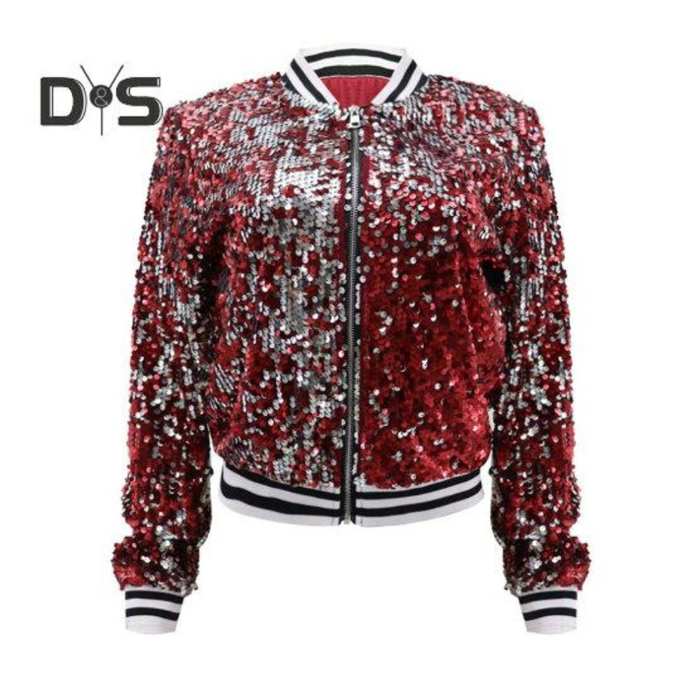 (red, L) Women Jacket Shiny Sequin Long Sleeve Stand Collar Striped Loose Zipper Closure Elastic Cuff Stage Performance Emcee Coat