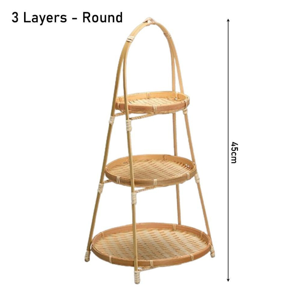 (3 Layers - Round) 1pcs Fruit Food Vegetable Storage Basket 1/2/3 Layer Standing Tray Durable Bamboo Woven Basket