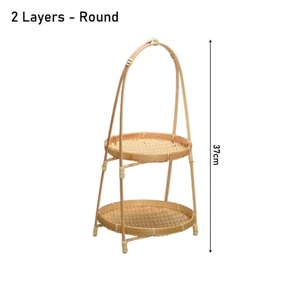 (2 Layers - Round) 1pcs Fruit Food Vegetable Storage Basket 1/2/3 Layer Standing Tray Durable Bamboo Woven Basket
