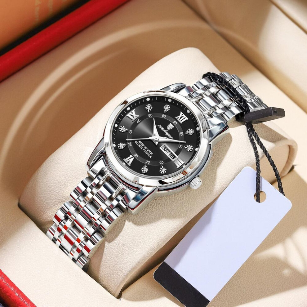 (silver,black) POEDAGAR Women Wristwatch Luxury Quartz Ladies Watch Waterproof Stainless Steel Luminous Date Week Women's Watches Dress Clock