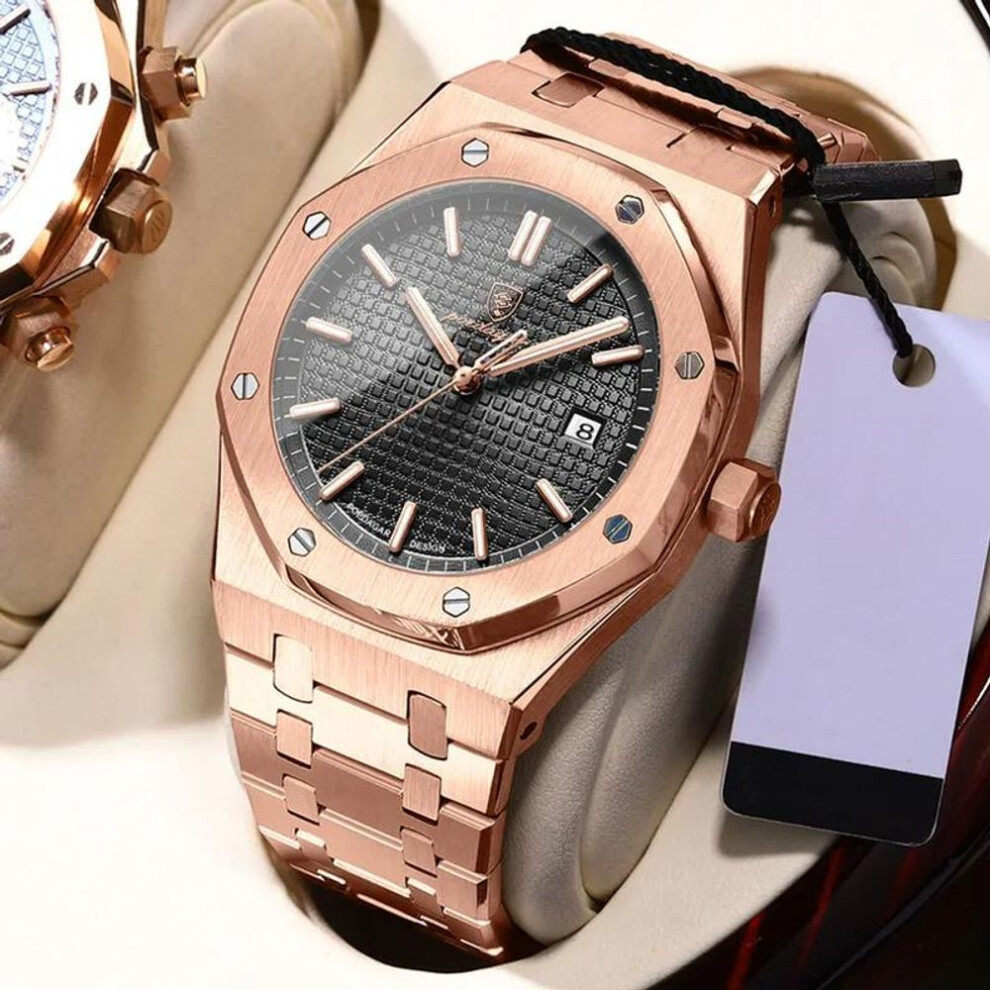 (rose gold,black) POEDAGAR Classic Men's Watches Fine Steel Original Quartz Watch for Man Luminous Date Waterproof Wristwatch Trend Fashion New
