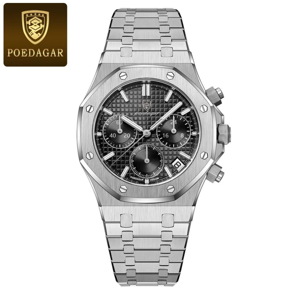 (silver,black) Poedagar Luxury Man Watch Waterproof Chronograph Luminous Men's Wristwatch Stainless Steel Men Quartz Watches Casual Clock Wrist Watch