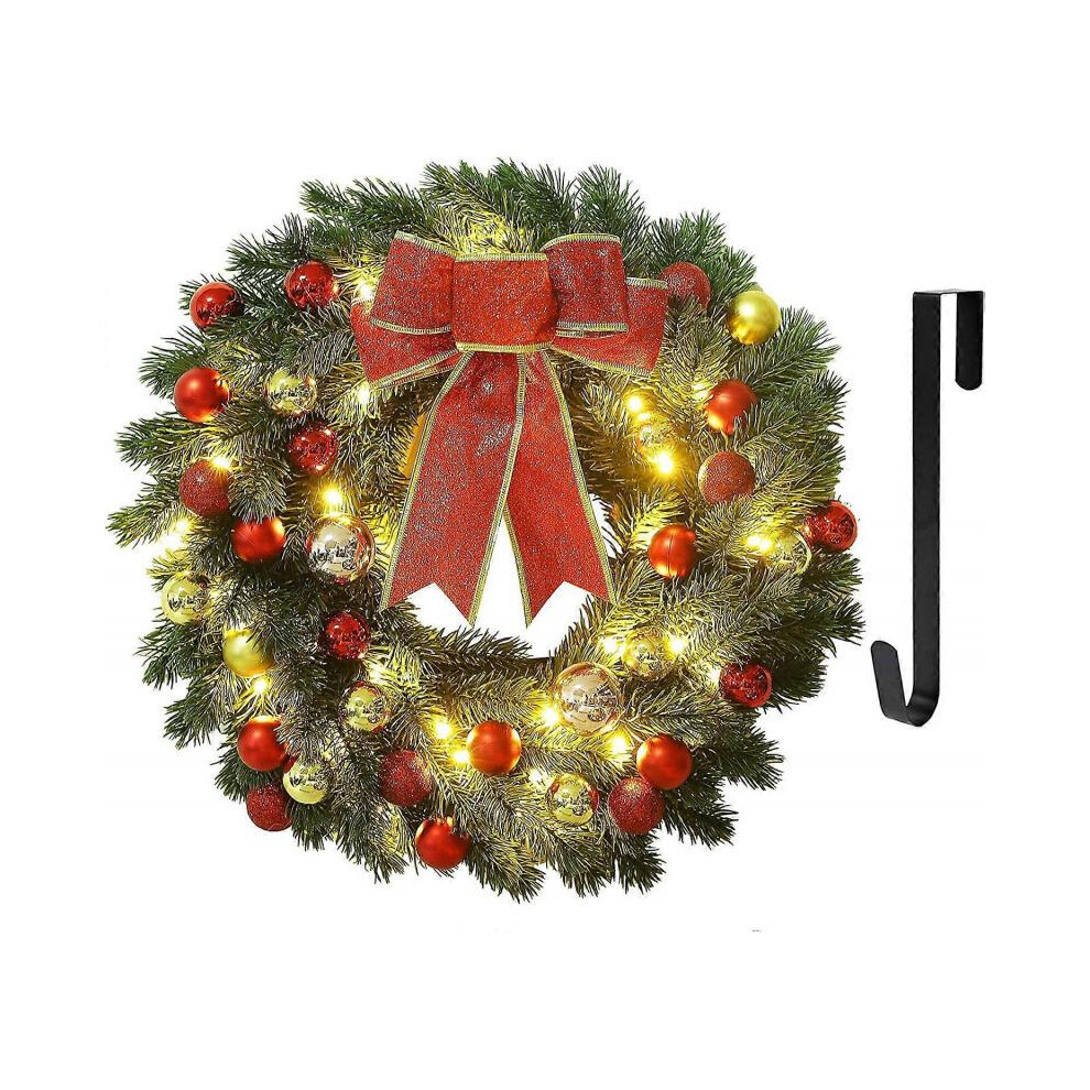 16 Inch Pre-Lit Christmas Wreath with Metal Hanger, Large Red Bow and Colored Balls, Operated with Warm White 40 LEDs