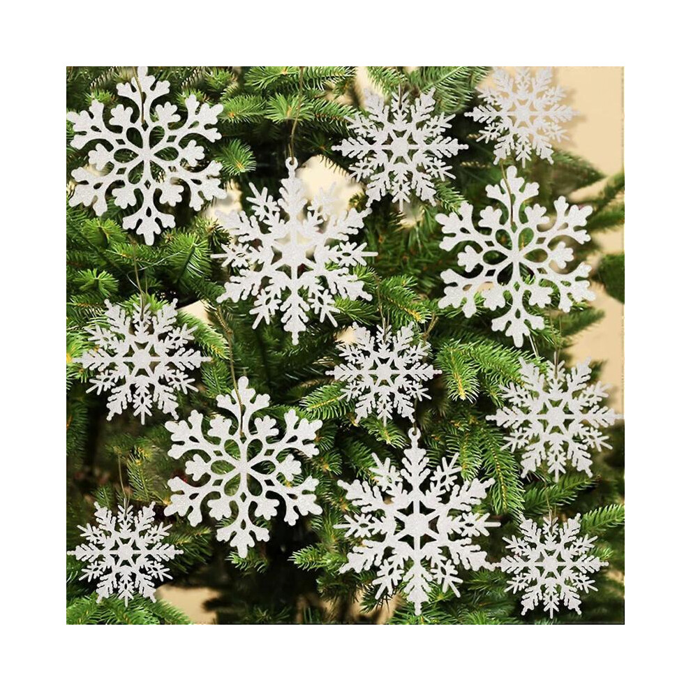 36Pcs Glitter Plastic Snowflake Ornaments For Winter Christmas Tree Decorations (Various Sizes) White