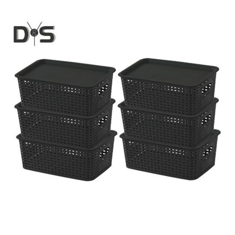 (black) 6pcs Plastic Storage Baskets With Lid Handle Design Large Capacity Stackable Storage Container Organizer Bins
