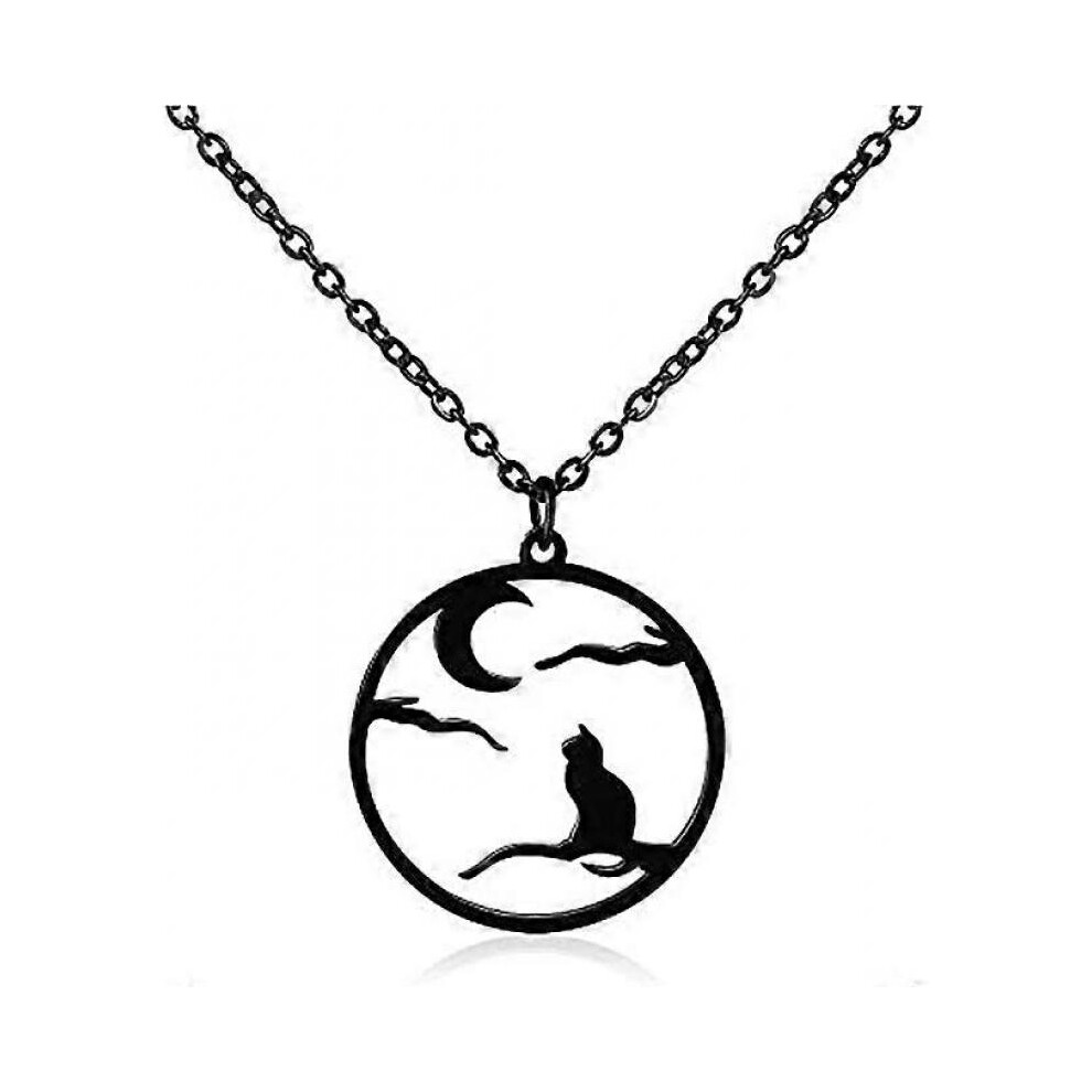 Halloween Moon Cat Necklace - Stainless Steel Black Branch Loyalty Pendant Necklace, Women's Girls